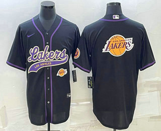 Men%27s Los Angeles Lakers Black Team Big Logo With Patch Cool Base Stitched Baseball Jersey